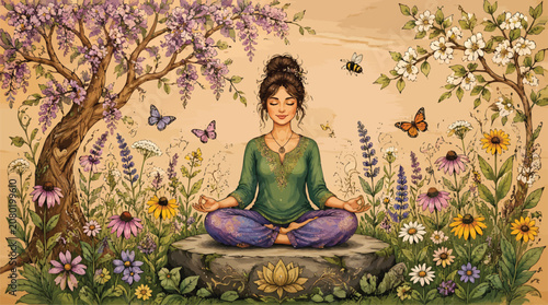 Young Woman Meditating in Lotus Pose Outdoors Surrounded by Blooming Flowers and Butterflies, Promoting Wellness and Serenity