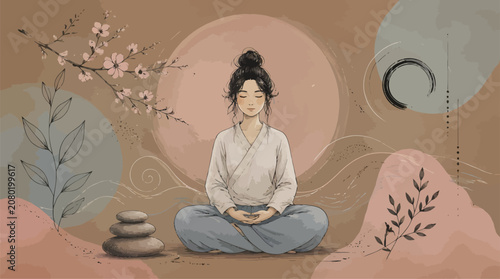 Serene Asian Woman Meditating in Zen Garden with Cherry Blossoms and Stacked Stones, Peaceful Mindfulness Concept Art