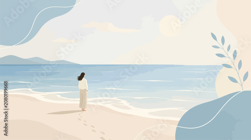 Serene Woman Walking on Sandy Beach Looking at Calm Ocean Horizon with Abstract Organic Shapes and Sun Rays for Relaxation and Wellness