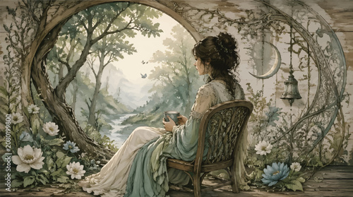 Young Woman in Vintage Dress Sitting by Ornate Window Gazing at Lush Green Landscape with Teacup, Evoking Serenity and Nostalgia