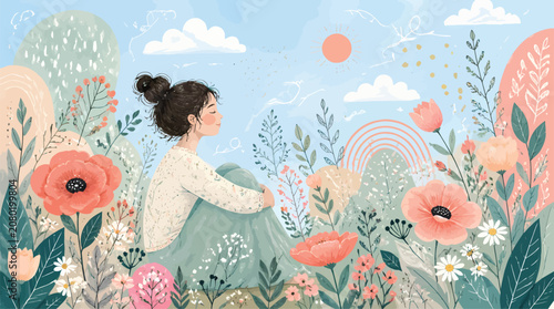 Serene Young Woman Meditating in a Lush Garden Oasis with Pastel Flowers and Gentle Sunlight, Peaceful Lifestyle Illustration