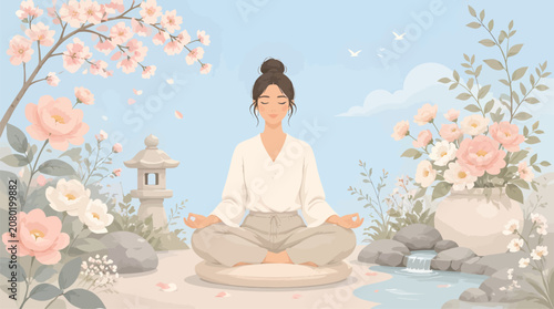 Serene Young Woman Meditating in Peaceful Japanese Garden with Blooming Cherry Blossoms and Zen Stones, Tranquil Lifestyle Illustration