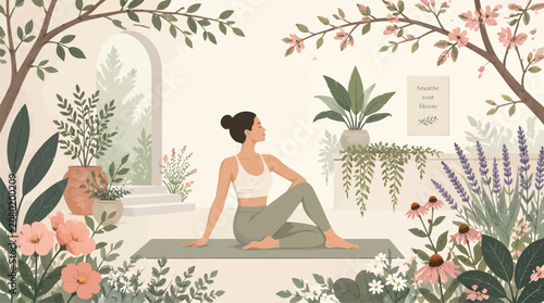 Woman Practicing Yoga Twisting Pose in Serene Garden Oasis Surrounded by Lush Greenery and Blooming Flowers, Promoting Wellness and Mindfulness