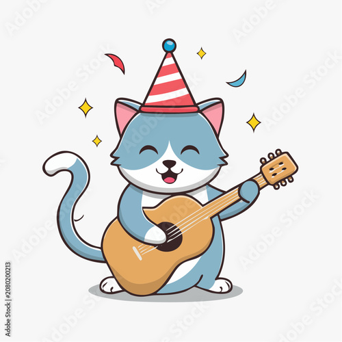 Cute cat wearing party hat playing guitar