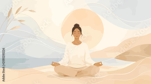 Woman Meditating Calmly in Peaceful Landscape at Sunrise, Mindfulness and Serenity Illustration for Wellness and Lifestyle Content