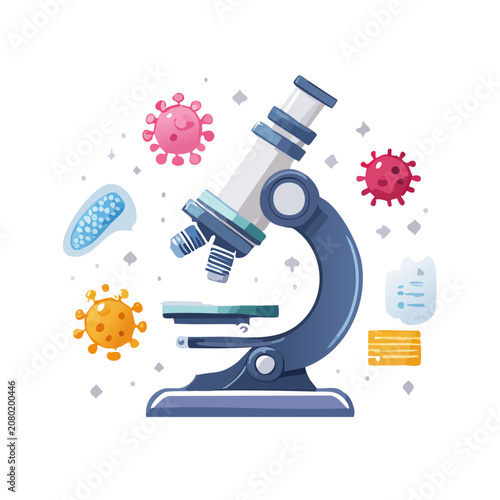 Microscope with virus and bacteria flat vector illustration