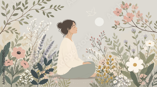 Woman Meditating in Tranquil Garden Surrounded by Blooming Flowers and Lush Greenery, Peaceful Mindful Escape and Self-Care Concept
