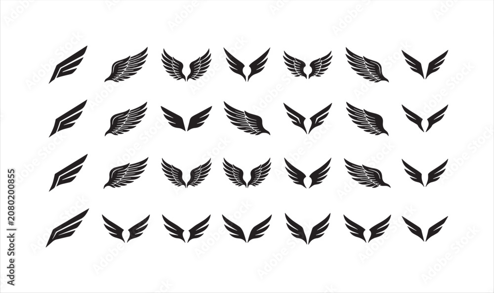 Fototapeta premium Set of diverse wing icons and bird wing illustrations for logo design and creative graphic projects. Transparent vector icons