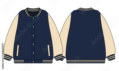 Navy Blue and Cream Varsity Jacket Mockup Vector, Blank Bomber Jacket Template Front and Back View, Letterman Streetwear Technical Fashion Flat Sketch