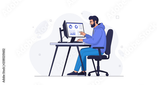 Modern Flat Illustration of a Man Working on a Computer with Data Analysis Charts and Graphs