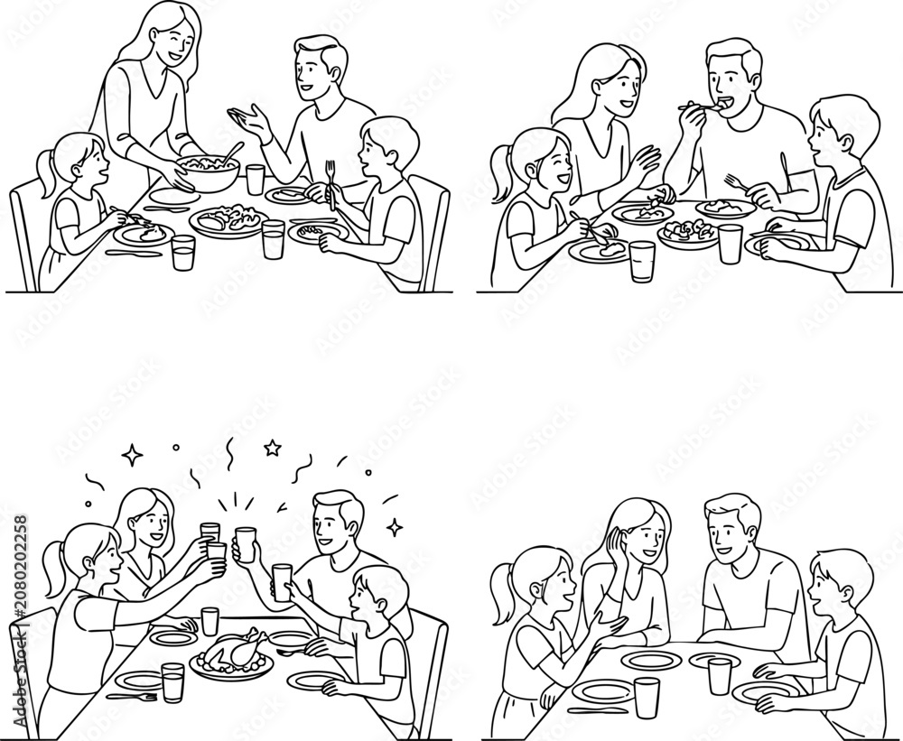 Εκτύπωση καμβά Family having dinner together line art illustration set with children together i