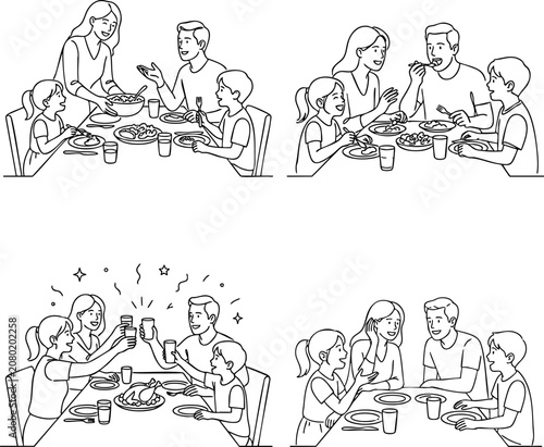 фотографія Family having dinner together line art illustration set with children together i