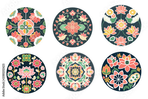 Set of modern pastel traditional Korean Minhwa lotus floral circular emblem vector illustrations