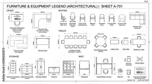 Tableau sur toile Furniture and equipment legend for architectural office floor plan