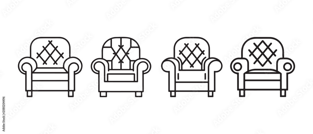 Fototapeta premium Set of four armchair icons featuring classic quilted upholstery designs in a clean line art style.