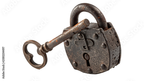 Tableau sur toile Ancient vintage metallic padlock with a matching skeletal key inserted isolated