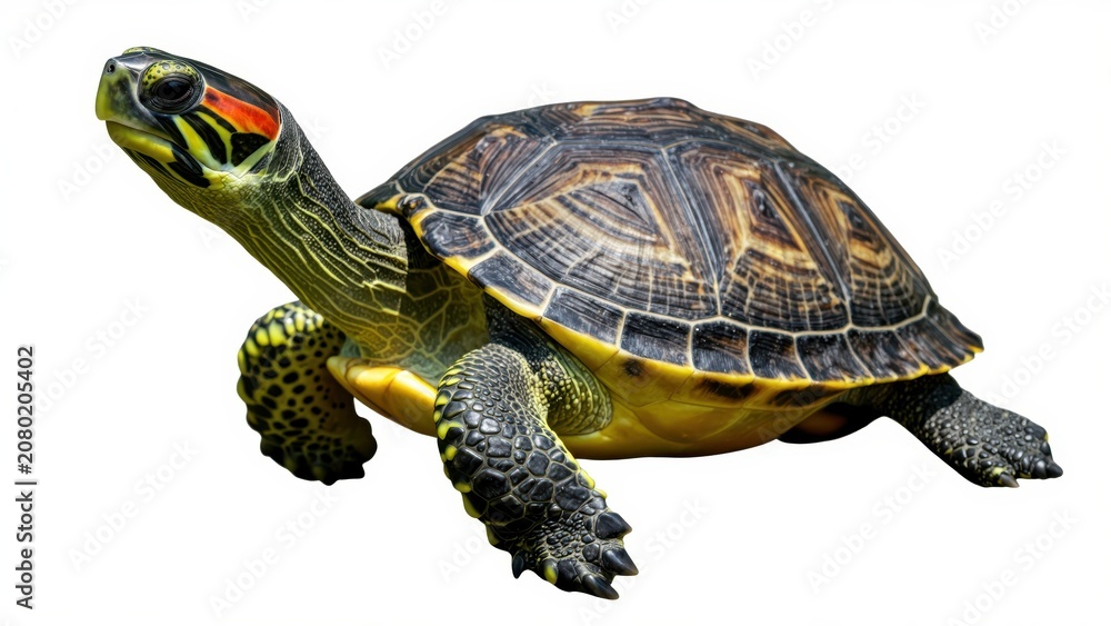 Fototapeta premium Red-Eared Slider Turtle Isolated: A vibrant red-eared slider turtle, showcasing its distinctive markings and patterned shell, is captured in a full-body studio shot, emphasizing its unique features.