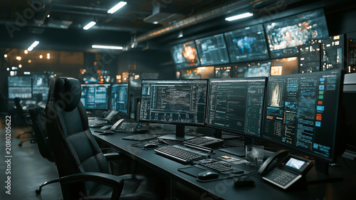 Modern security operations center with multi-monitor workstations displaying cybersecurity analytics, threat monitoring, and real-time network defense.