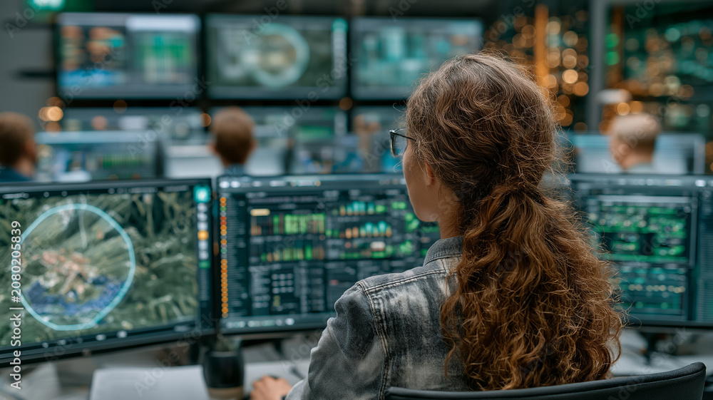 Obraz premium Security operations center analyst monitoring real-time cyber threats on multiple displays, analyzing network data and protecting critical systems.