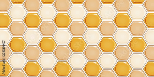 Seamless honeycomb pattern vector background with hexagonal beehive cells, bee honey texture wallpaper design in yellow, orange and gold tones