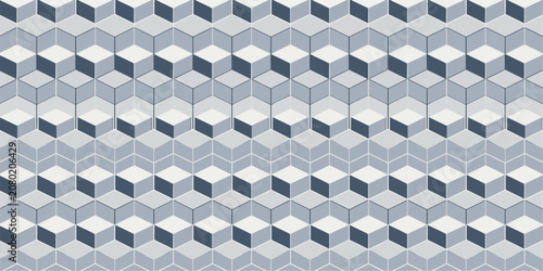 Seamless blue and white chevron fabric texture geometric wallpaper pattern with 3D cubes, gray metal mosaic wall backdrop, abstract vector illustration design