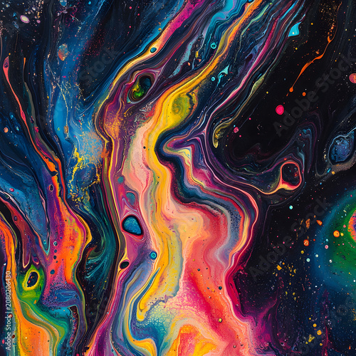 Abstract Acrylic Paint Pour With Iridescent Pigments in Oil