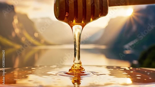 Golden honey drips from a wooden honey dipper onto a reflective surface