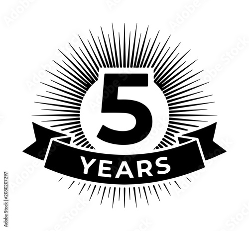 Five Years Anniversary Badge, Celebration Emblem, Retro Starburst Seal, 5 Year Milestone Award, Vintage Ribbon Icon