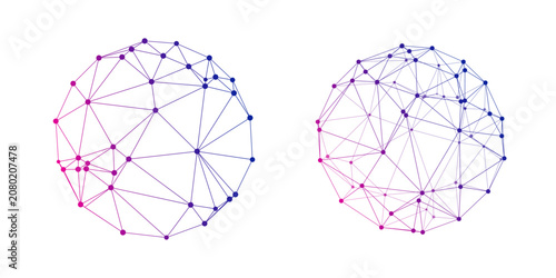 Abstract low poly circular network with gradient blue and purple nodes, modern digital technology background for communication and AI concepts.