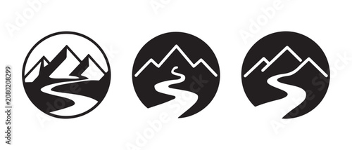 Set of three black and white mountain and river landscape icons in circular frames.