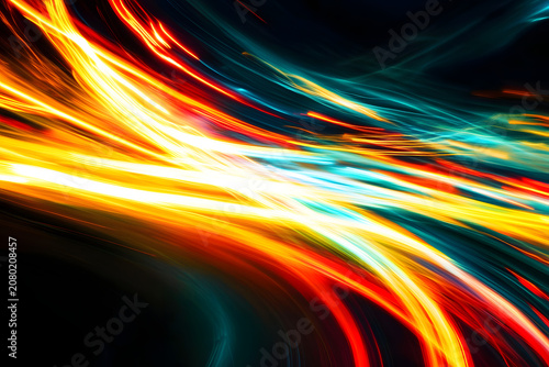 Abstract Motion Blur Neon Light Streaks With Distorted Speed Lines in Colorful Orange and dominant Green