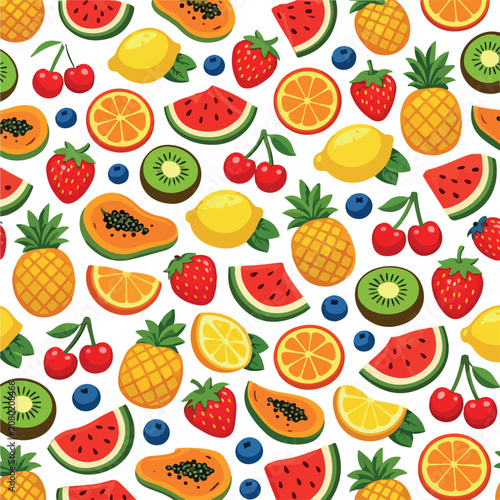 Fresh colorful summer fruit seamless pattern with tropical and garden fruits seamless background