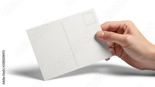 Hand holding blank white postcard on white background
