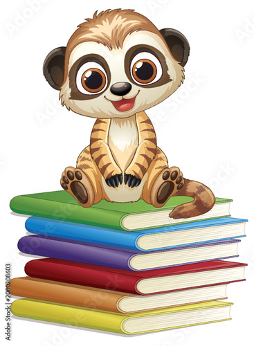 Cute Cartoon Meerkat Sitting on a Stack of Colorful Books