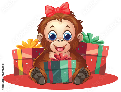 Cute Baby Orangutan Character Sitting with Colorful Wrapped Gift Boxes