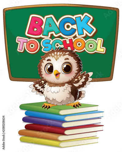 Cute Cartoon Owl Standing on Books in Front of School Chalkboard