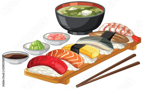 Traditional Japanese Sushi Set with Miso Soup and Condiments Vector