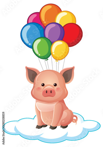 Cute Cartoon Pig Floating on Cloud with Colorful Helium Balloons