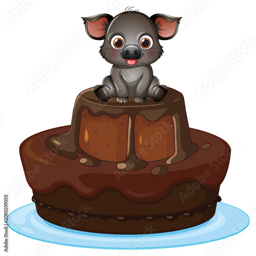Cute Cartoon Baby Boar Sitting on a Two Tier Chocolate Cake
