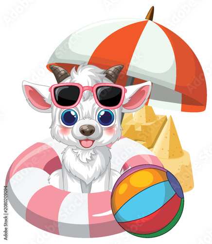 Cute Cartoon Goat Character with Summer Beach Accessories Vector Illustration