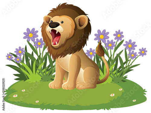 Cartoon Lion Roaring in a Field of Purple Flowers