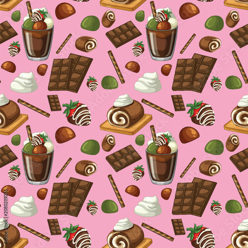 Seamless Vector Pattern of Chocolate Desserts and Sweets on Pink Background