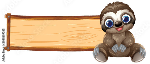 Cute Cartoon Sloth Sitting Next to Blank Wooden Sign Board
