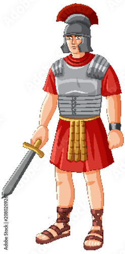 Ancient Roman Soldier Standing with Sword in Full Armor