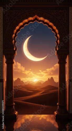 Crescent Moon Over Desert Landscape Viewed Through Ornate Oriental Archway