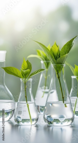 Green plants in glass laboratory flasks for scientific research