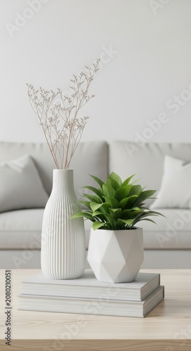 Decorative Vases and Potted Plant on Stacked Books in Living Room