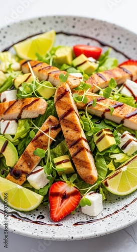 Fresh Grilled Chicken Salad with Avocado Strawberry and Balsamic Glaze