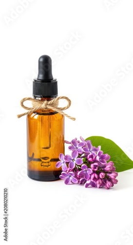 Amber Glass Dropper Bottle with Lilac Flowers Isolated on White