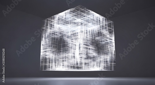 Wireframe face, 3D digital art, futuristic illustration, white lines on dark background